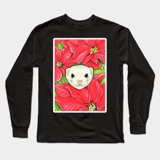 Ferret in Poinsettias - White Outlined Version Long Sleeve T-Shirt